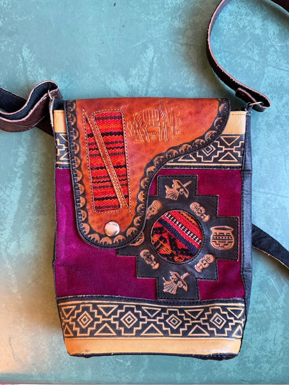 Southwestern Peruvian Leather & Suede Textile Crossbody in Burgundy & Tan